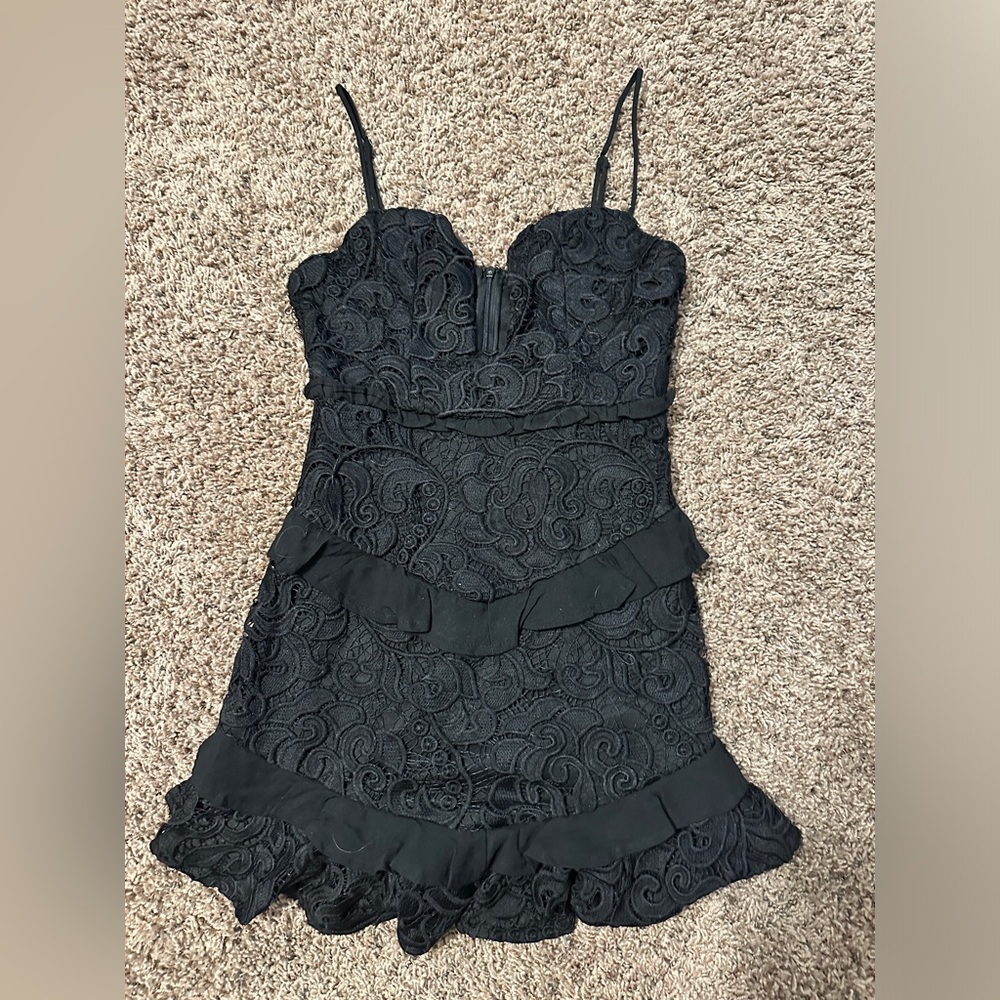 Angel Biba Selfie Leslie Black Lace Dress sz S Cut Out Front Ruffle Trim